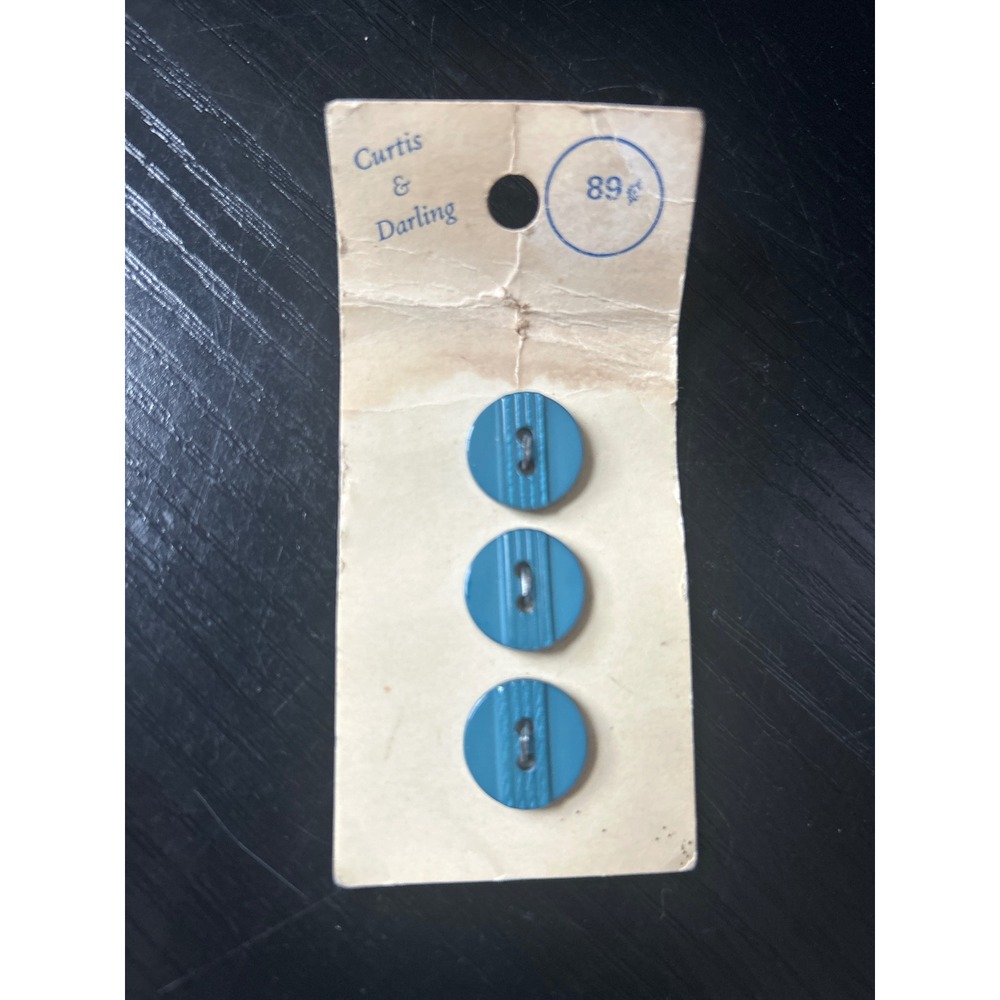 Vintage Curtis & Darling Teal Blue Striped Shank Buttons Set‎ of 3 Original Card